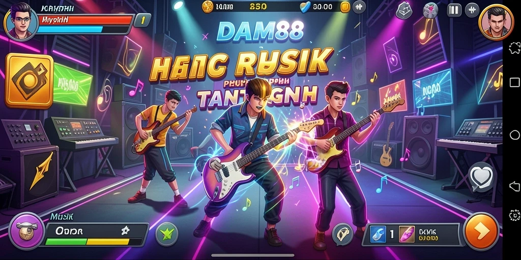 Antarmuka menarik dari game Musik Rhythm DAM88 dengan warna cerah.